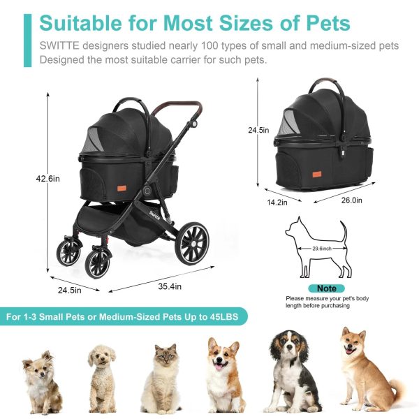 SWITTE Pet Stroller Foldable Dog & Cat Stroller 3-in-1 4 Wheels Travel Jogger, Black - Image 6