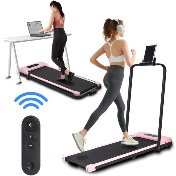 BITOUSHI Treadmill Under Desk Walking Pad 2 in 1, 3.0HP Portable Small Treadmill for Office & Home, Ultra Quiet & Installation-Free with Remote Control, LED Display, 220 Lb Capacity - Pink