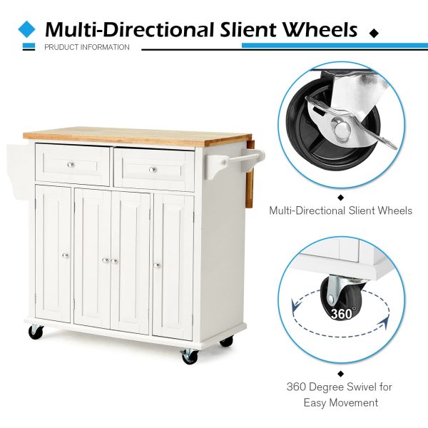 Rolling Kitchen Island Cart with Storage�� Kitchen Cart with Drop-Leaf Rubber Wood Tabletop�� Lockable Wheels�� Trolley Cart Utility Cabinet�� Towel Rack�� Spice Rack Off-White - Image 3