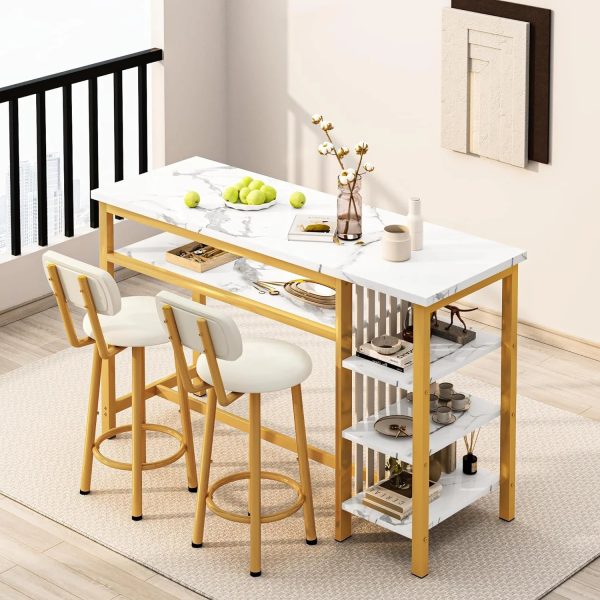 3-Piece Bar Table and Chairs Set, Modern White Faux Marble Table with 2 PU Cushion Bar Stools, Kitchen Counter with 3 Tier Storage Shelves, Space Saving Table for Home & Kitchen, Gold Frame - Image 2