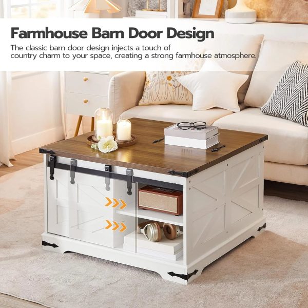 HOOBRO Farmhouse Coffee Table for Living Room with Single Sliding Barn Door Lift Top and Hidden Space White and Walnut WH80KF01 - Image 4