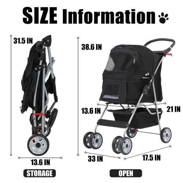 Foldable Dog Stroller Cat Stroller with Storage Basket & Removable Liner, 4 Wheels Pet Stroller，Foldable Carrier Strolling Cart for Dogs Cats, Black - Image 5