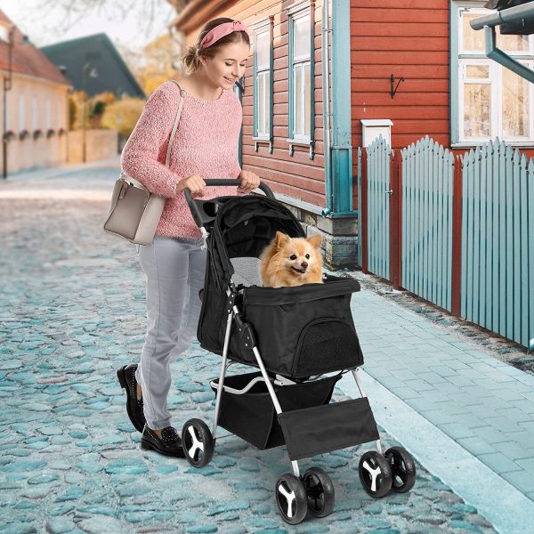 Pet Stroller 4 Wheels Dog Cat Stroller for Small Medium Dog Cats Carrier Jogger Travel Foldable Puppy Stroller with Storage Basket and Cup Holder - Image 9