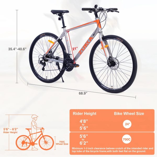 28 inch Hybrid Bike Men, Road Bike with Shimano 21 Speed, 700C Wheels, Comfort Adult Bicycle with Dual Disc Brake, 21'' Lightweight Aluminium Frame, Suggested Rider 5'6" to 6'2" Tall- Silver+Orange - Image 8