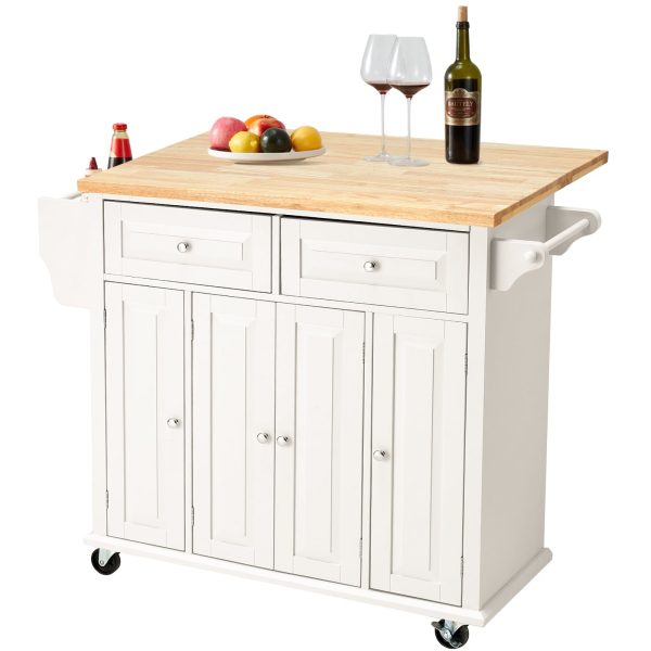 Rolling Kitchen Island Cart with Storage�� Kitchen Cart with Drop-Leaf Rubber Wood Tabletop�� Lockable Wheels�� Trolley Cart Utility Cabinet�� Towel Rack�� Spice Rack Off-White - Image 4