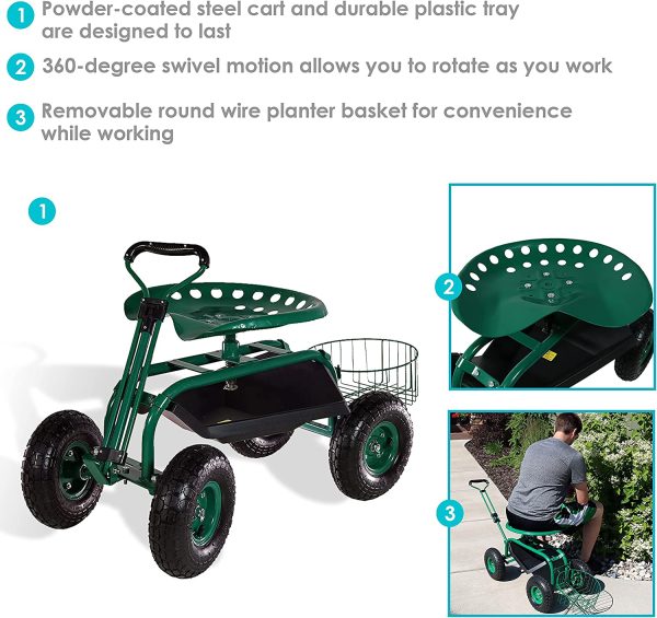 Sunnydaze Garden Cart Rolling Scooter with Extendable Steer Handle， Swivel Seat and Utility Tool Tray， Green - Image 2