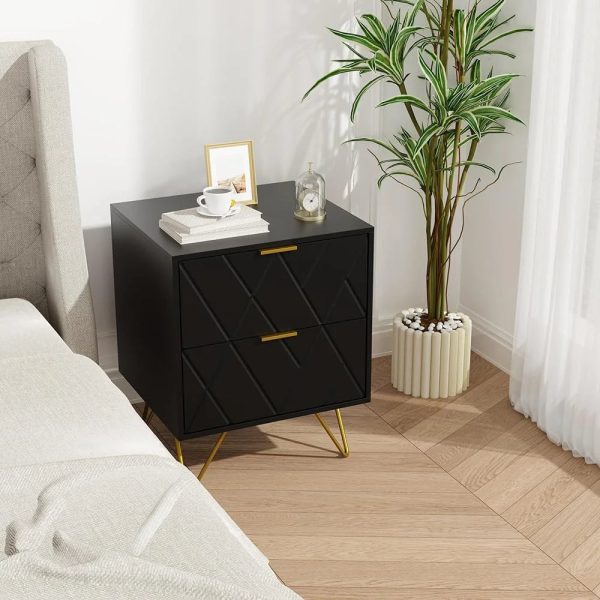 RSJIWOGZ Black Nightstand with 2 Drawers 17.7" W Modern Small End with Gold Handle & Cute Nightstand for Small Space Bedroom and Living Room Black - Image 2