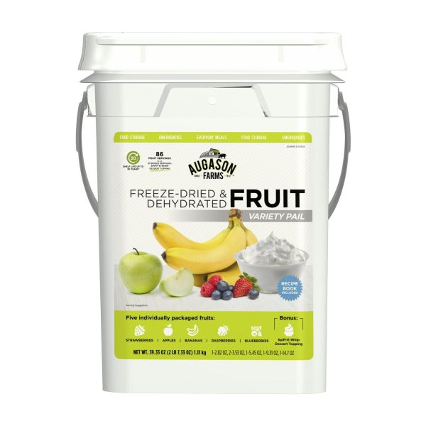 Augason Farms Freeze Dried and Dehydrated Fruit Variety Pail， 86 Servings， Emergency Food