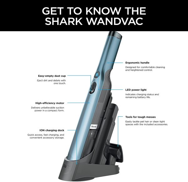 Shark WANDVAC Cordless Hand Vac Lightweight and Portable at 1.4 lbs. with Powerful Suction， Charging Dock， One-Touch Empty for Car and Home， Cove - Image 12