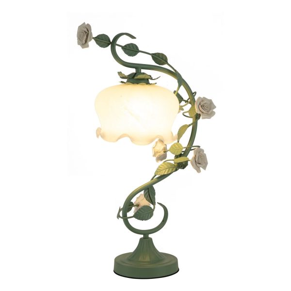 Rose Flower Table Lamp for Bedroom, Stained Glass Desk Lamp Elegant Flower Plug-in Bedside Nightstand Lamp 60W Max Green