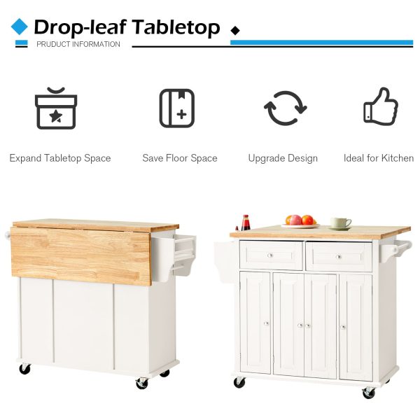 Rolling Kitchen Island Cart with Storage�� Kitchen Cart with Drop-Leaf Rubber Wood Tabletop�� Lockable Wheels�� Trolley Cart Utility Cabinet�� Towel Rack�� Spice Rack Off-White - Image 2