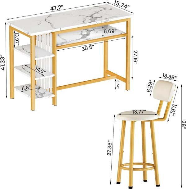 3-Piece Bar Table and Chairs Set, Modern White Faux Marble Table with 2 PU Cushion Bar Stools, Kitchen Counter with 3 Tier Storage Shelves, Space Saving Table for Home & Kitchen, Gold Frame - Image 4