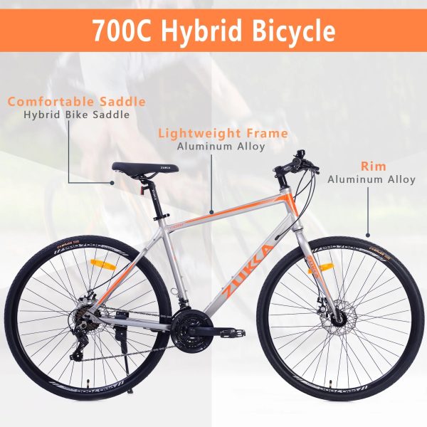 28 inch Hybrid Bike Men, Road Bike with Shimano 21 Speed, 700C Wheels, Comfort Adult Bicycle with Dual Disc Brake, 21'' Lightweight Aluminium Frame, Suggested Rider 5'6" to 6'2" Tall- Silver+Orange - Image 2