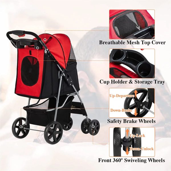 Afuhokles Cat Dog Stroller, Pet Strollers for Small Medium Dogs and Cats, 4 Wheels Dog Jogging Stroller Folding Doggy Stroller with Storage Basket - Image 4