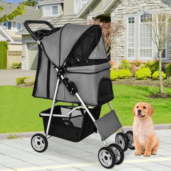 NiamVelo 4 Wheels Dog Stroller Foldable Pet Stroller Dog Cat Jogger Stroller Folding Lightweight Travel Stroller with Cup Holders& Storage Basket for Small Medium Dogs, Grey - Image 8