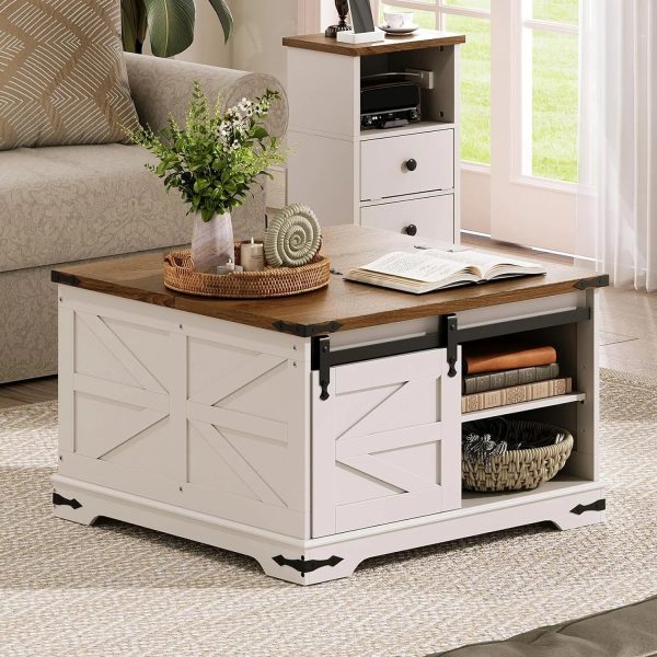 HOOBRO Farmhouse Coffee Table for Living Room with Single Sliding Barn Door Lift Top and Hidden Space White and Walnut WH80KF01 - Image 2