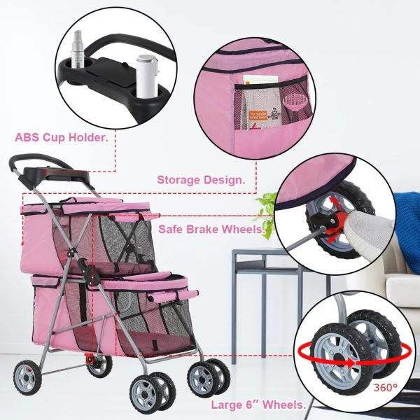 YRLLENSDAN Dog Stroller Cat Stroller Pet Carriers Bag Jogger Stroller for Small Medium Dogs Cats Travel Camping 4 Wheels Lightweight Waterproof Folding Crate Stroller with Soft Pad (Pink) - Image 4