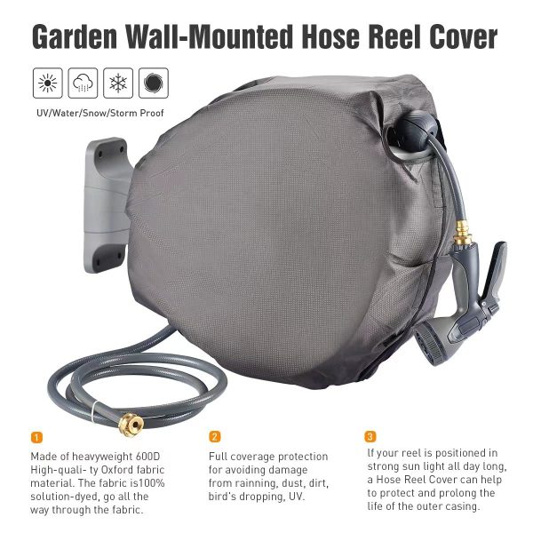 Guitrees Retractable Garden Hose Reel 1/2u201d 115FT+6FT With Cover, Slow Return System, Any Length Lock, Wall Mounted, 9 Function Nozzle and 180u00b0Swivel Bracket (Grey) - Image 2