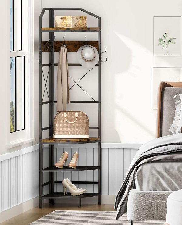 Corner Coat Rack Hall Tree with Shoe Bench Entryway Coat Rack with 6 Metal Hooks, Industrial Corner Shoe Racks Freestanding Corner Shelves Organizer Entryway Bench with Coat Rack & Storage - Image 2