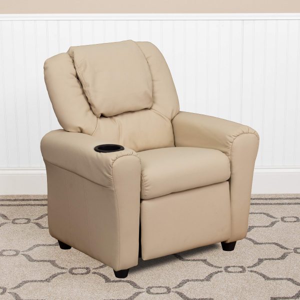 EMMA + OLIVER Beige Vinyl Kids Recliner with Cup Holder and Headrest