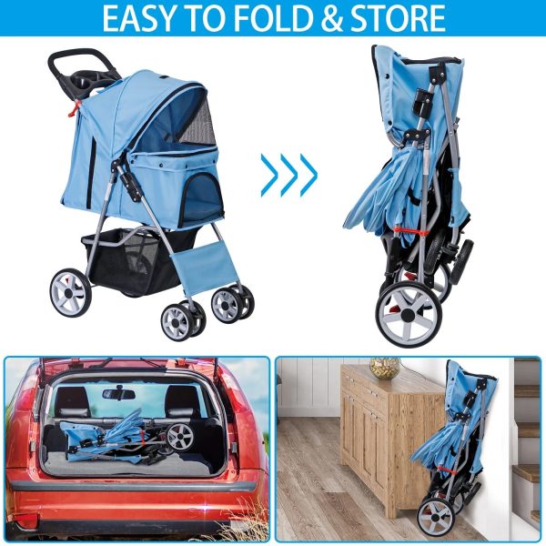 Foldable Carrier Strolling Cart 4 Wheel Pet Stroller for Cat, Dog w/ Cup Holder - Image 3