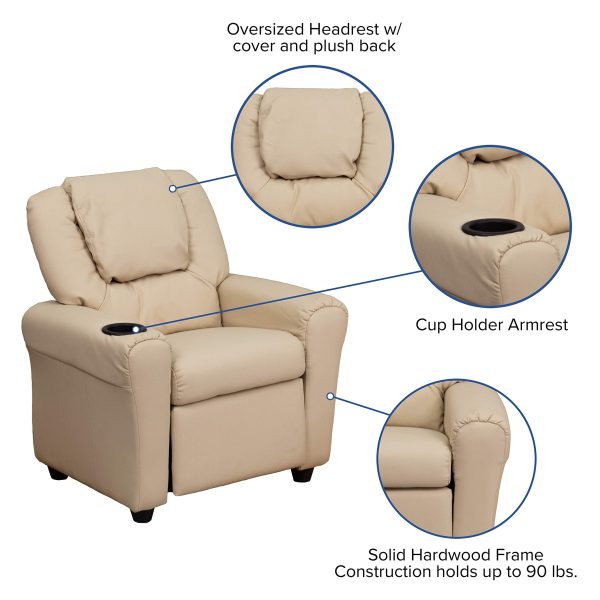 EMMA + OLIVER Beige Vinyl Kids Recliner with Cup Holder and Headrest - Image 5