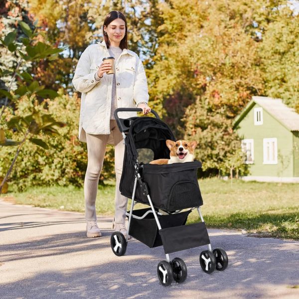 Pet Stroller 4 Wheels Dog Cat Stroller for Small Medium Dogs Cats Foldable Puppy Stroller with Storage Basket and Cup Holder - Image 8