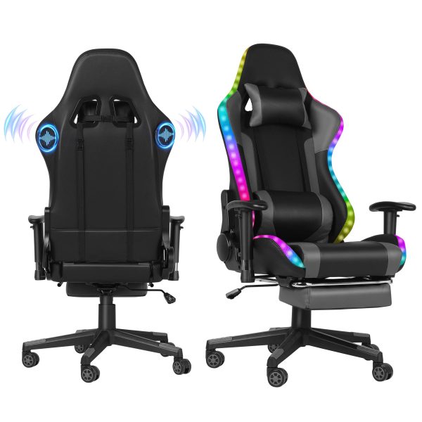 Gaming Chair with Speakers, Video Game Chair with RGB LED Lights, Footrest, Ergonomic Racing Computer Gaming Recliner Chair Swivel E-Sports Chair with Lumbar Support Headrest Armrest, Black