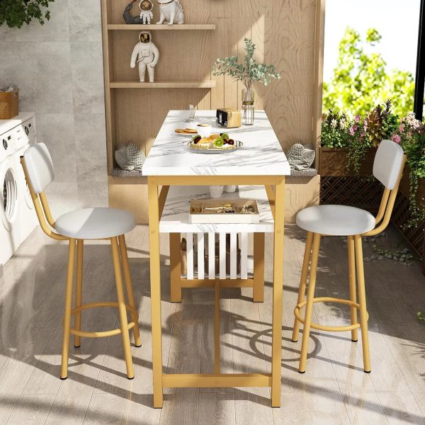 3-Piece Bar Table and Chairs Set, Modern White Faux Marble Table with 2 PU Cushion Bar Stools, Kitchen Counter with 3 Tier Storage Shelves, Space Saving Table for Home & Kitchen, Gold Frame - Image 5