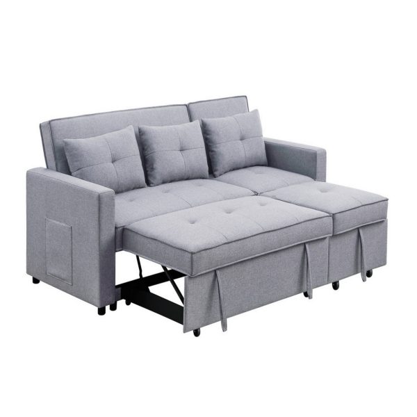 Benjara BM286632 80 in. Jayce Wood Convertible Sleeper Sofa with Side Pocket, Light Gray & Black - Image 3