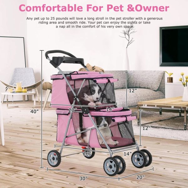 YRLLENSDAN Dog Stroller Cat Stroller Pet Carriers Bag Jogger Stroller for Small Medium Dogs Cats Travel Camping 4 Wheels Lightweight Waterproof Folding Crate Stroller with Soft Pad (Pink) - Image 7