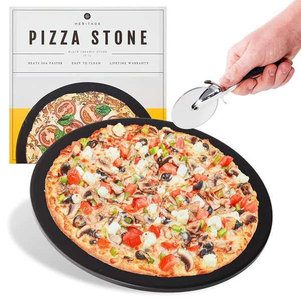 Heritage Products 15 Round Ceramic Non Stick Pizza Stone w/Wheel Cutter, Black