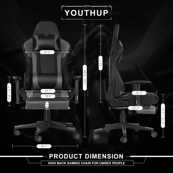 Gaming Chair with Speakers, Video Game Chair with RGB LED Lights, Footrest, Ergonomic Racing Computer Gaming Recliner Chair Swivel E-Sports Chair with Lumbar Support Headrest Armrest, Black - Image 8