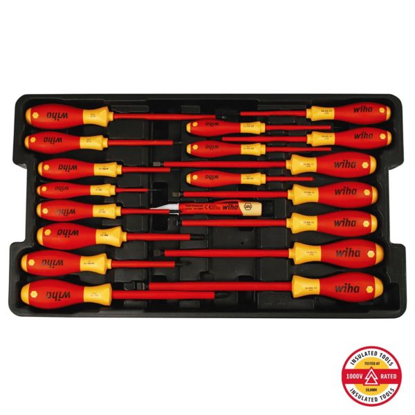 Wiha Insulated SoftFinish Screwdriver Cat III Voltage Detector Set Toolbox Tray - 19 Piece Set