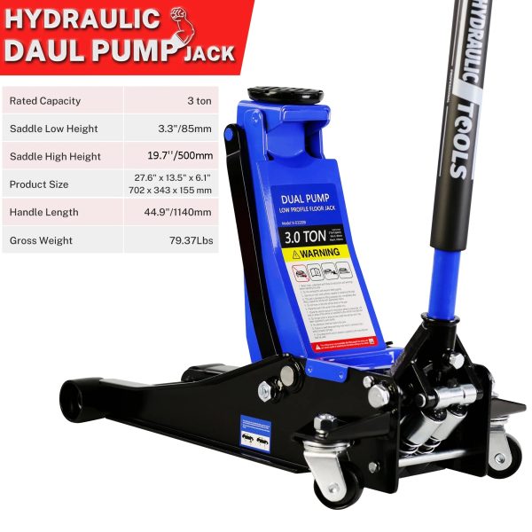 Seizeen Low Profile Floor Jack, 3 Ton(6600 lbs) Trolley Jack Dual Lift Pump, Quick Lift 3.3''-19.7'', Heavy-Duty Steel Jack with 52''L Extended Handle, Car Jack w/Wheels, Rubber Saddle - Image 2