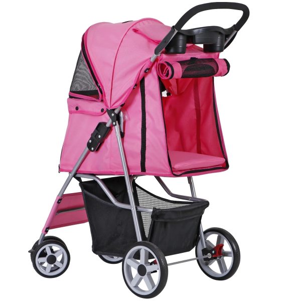 ZENSTYLE 4 Wheels Pet Stroller Foldable Carrier Strolling Cart for Cat Dog w/ Storage Basket Pink - Image 7