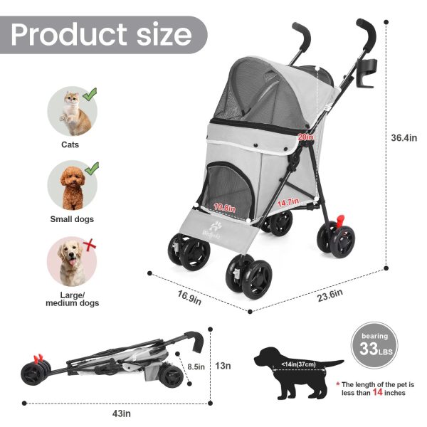 4 Wheel Foldable Cat Dog Stroller with Storage Basket, Handle 360° Front Wheel Rear Wheel with Brake for Small Medium Dogs & Cats-Gray - Image 4