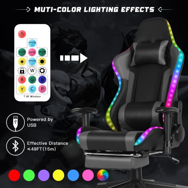 Gaming Chair with Speakers, Video Game Chair with RGB LED Lights, Footrest, Ergonomic Racing Computer Gaming Recliner Chair Swivel E-Sports Chair with Lumbar Support Headrest Armrest, Black - Image 3