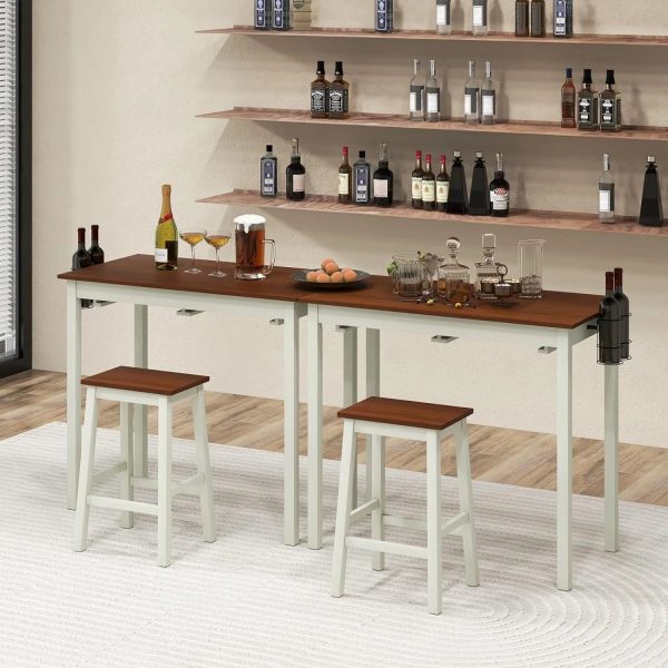 3-Piece Bar Table Set - Counter Height Pub Table w/ 2 Stools, 2 Wine Holders, Rubber Wooden Legs, Space-Saving Dinette Table Set for Bar, Kitchen, Living Room, Cream White & Walnut - Image 9