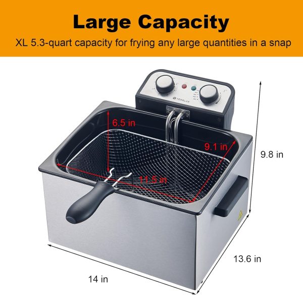 Electric Deep Fryer with Basket for Home Use, Lid with Viewing Window and Odorless Filter, Adjustable Temperature, 5.3 Quart, Stainless Steel - Image 3