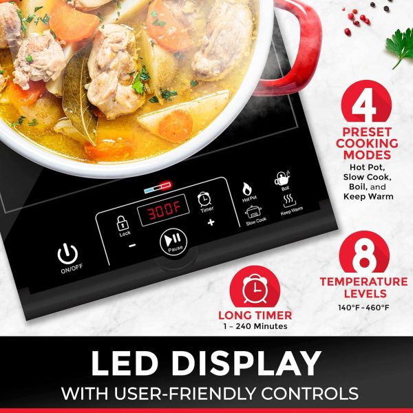 RapidTherm Portable Induction Cooktop Hot Plate Countertop Burner 1800W, 8 Temp Levels, Timer, Auto-Shut-Off, Touch Panel, LED Display, Auto Pot Detection, Child Safety Lock, 4 Preset Programs - Image 2