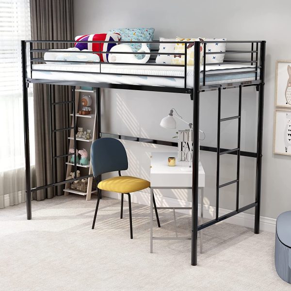 Metal Twin Loft Bed for Kids with Ladders and Safety Guard Rails Space-Saving Noise Free No Box Spring Needed Black