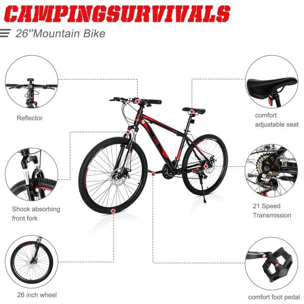 CamPingSurvivals 26" Lightweight Explorer Mountain Bike, for Men and Women Exercise Fitness, 21-Speed, Red/Black - Image 5