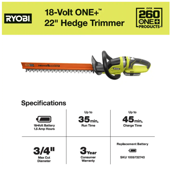 Ryobi One+ 18V 22 in. Cordless Battery Hedge Trimmer with 1.5 Ah Battery and Charger (P2660VNM) - Image 2