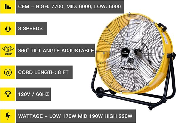 Tornado 24 Inch High Velocity Heavy Duty Tilt Metal Drum Fan Yellow Commercial， Industrial Use 3 Speed 8540 CFM 1/3 HP 8 FT Cord UL Safety Listed - Image 3