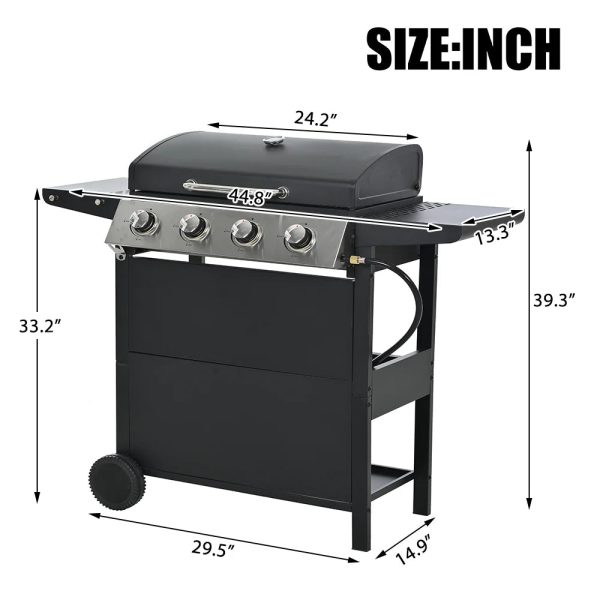 SEGMART 4 Burner BBQ Propane Gas Grill, Stainless Steel 34,200 BTU Patio Garden Barbecue Grill with Two Foldable Shelves & Thermometer, Perfect for Camping, Outdoor Cooking - Image 8