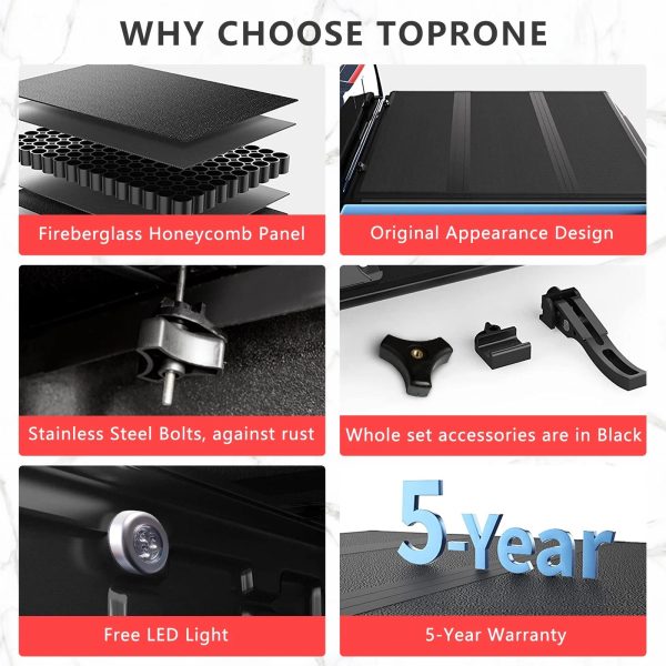 TOPRONE Hard Tri-Fold Tonneau Cover Fits 2015-2024 F150 with 6.5' (78.9in) Truck Bed | On Top | - Image 7