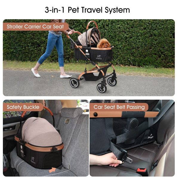 SKISOPGO 3-in-1 Pet Strollers for Small Medium Dogs Cat with Detachable Carrier Foldable Travel Pet Gear Stroller(Khaki) - Image 6