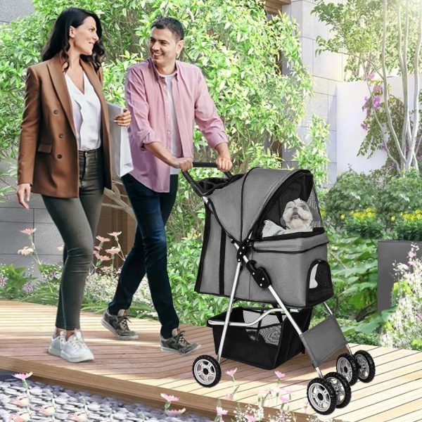 NiamVelo 4 Wheels Dog Stroller Foldable Pet Stroller Dog Cat Jogger Stroller Folding Lightweight Travel Stroller with Cup Holders& Storage Basket for Small Medium Dogs, Grey - Image 9