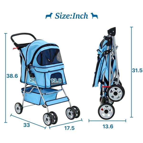 Dkelincs 4 Wheels Pet Stroller Folding Dog Cat Stroller Travel Carrier with Cup Holder & Storage Basket, Blue - Image 7